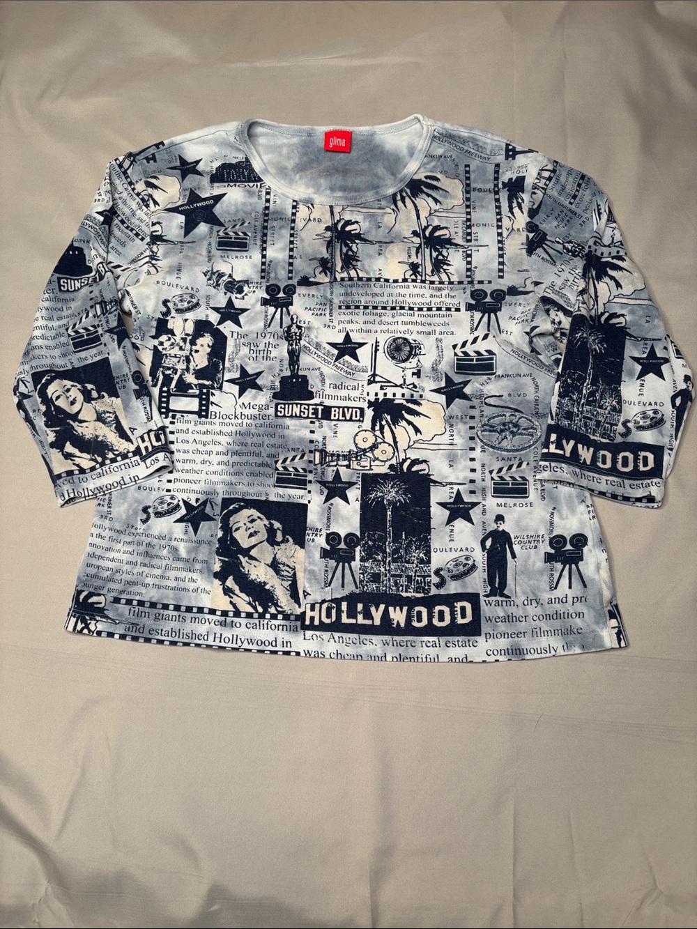 Glima Women’s Black & White Hollywood Print 3 Quarter Sleeve Shirt Top Large L